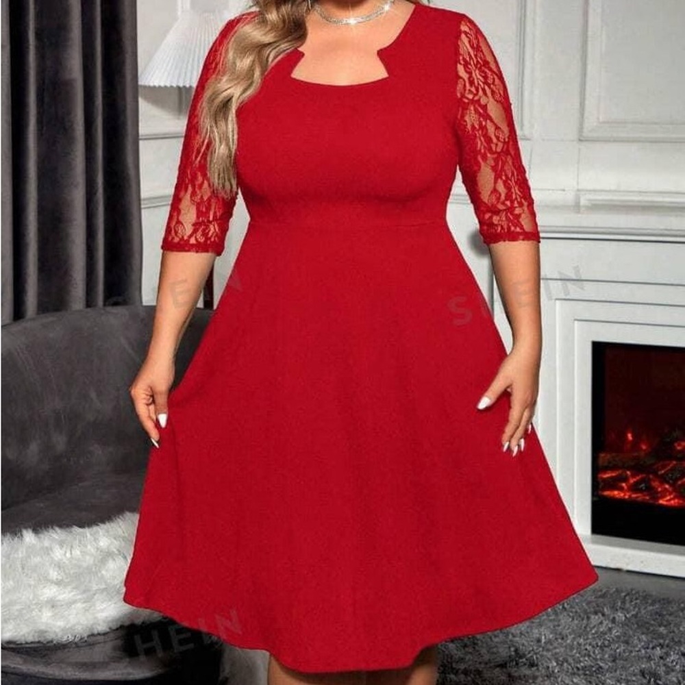 Brand New Red SHEIN Clasi Plus Contrast Lace Notched Neckline Dress
